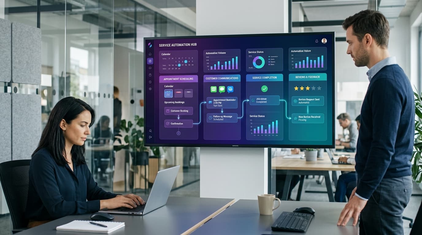 Service business workflow with AI automation touchpoints highlighted