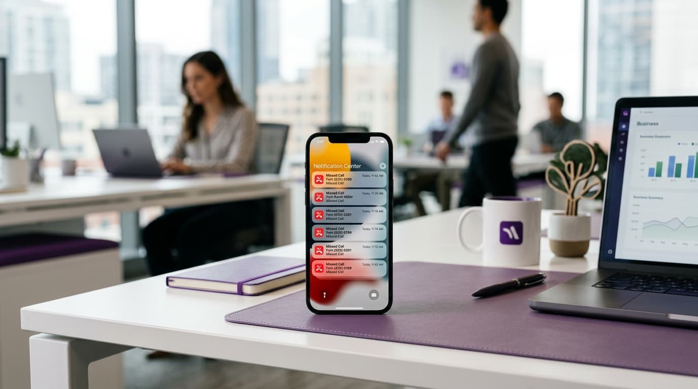 Business phone with missed call notifications and revenue loss visualization