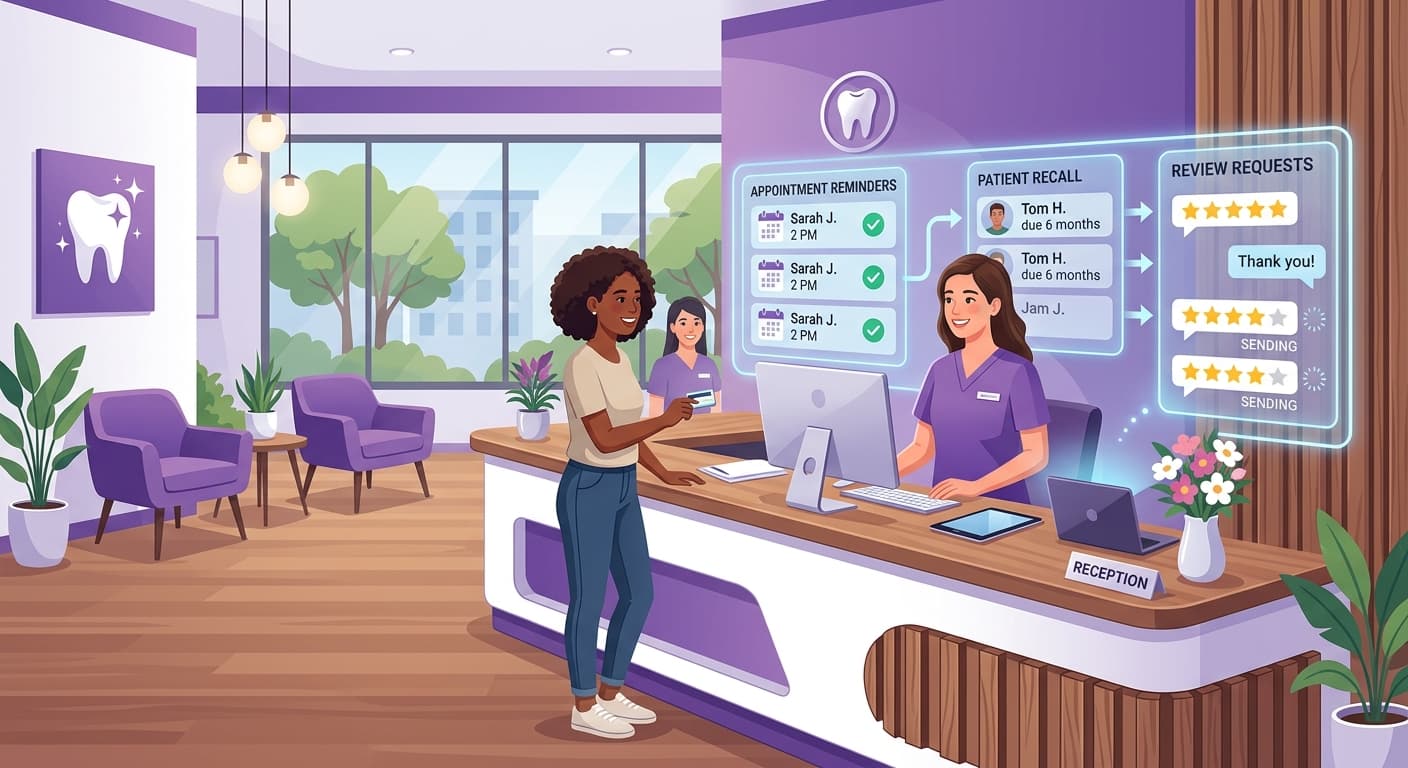Dental practice front desk with AI automation managing appointments and patient reminders