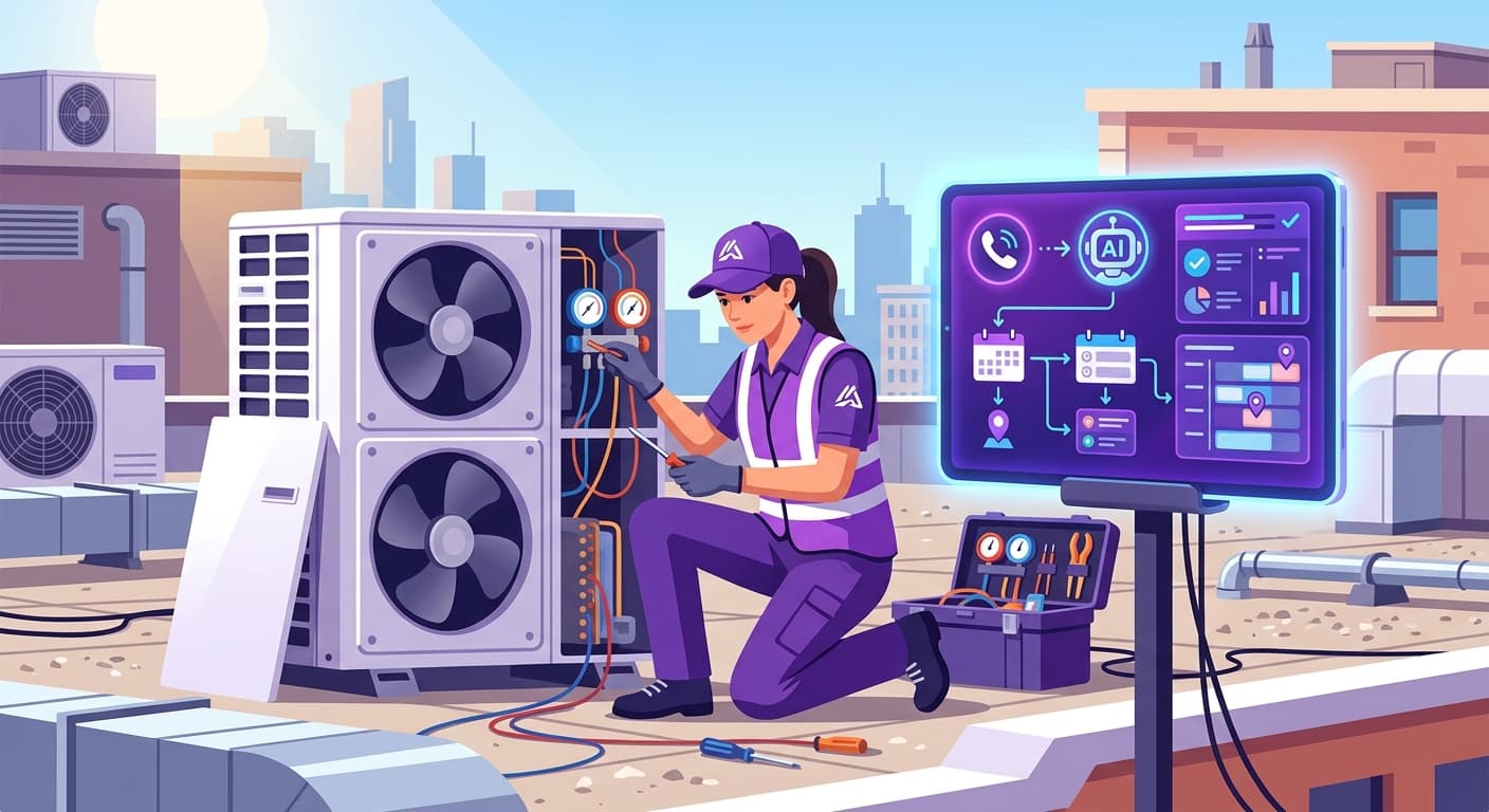 HVAC technician using AI automation dashboard to manage calls and appointments