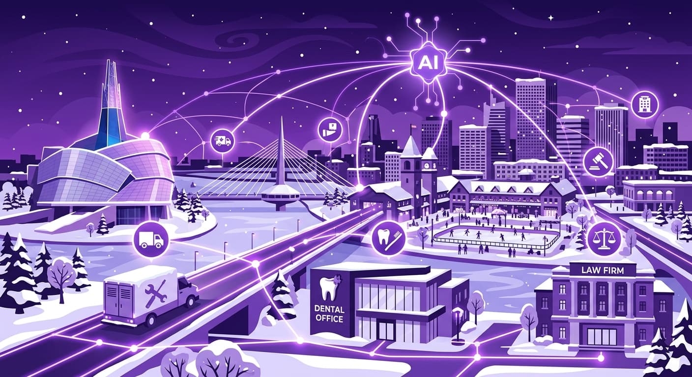 Winnipeg cityscape with AI automation network connecting local service businesses