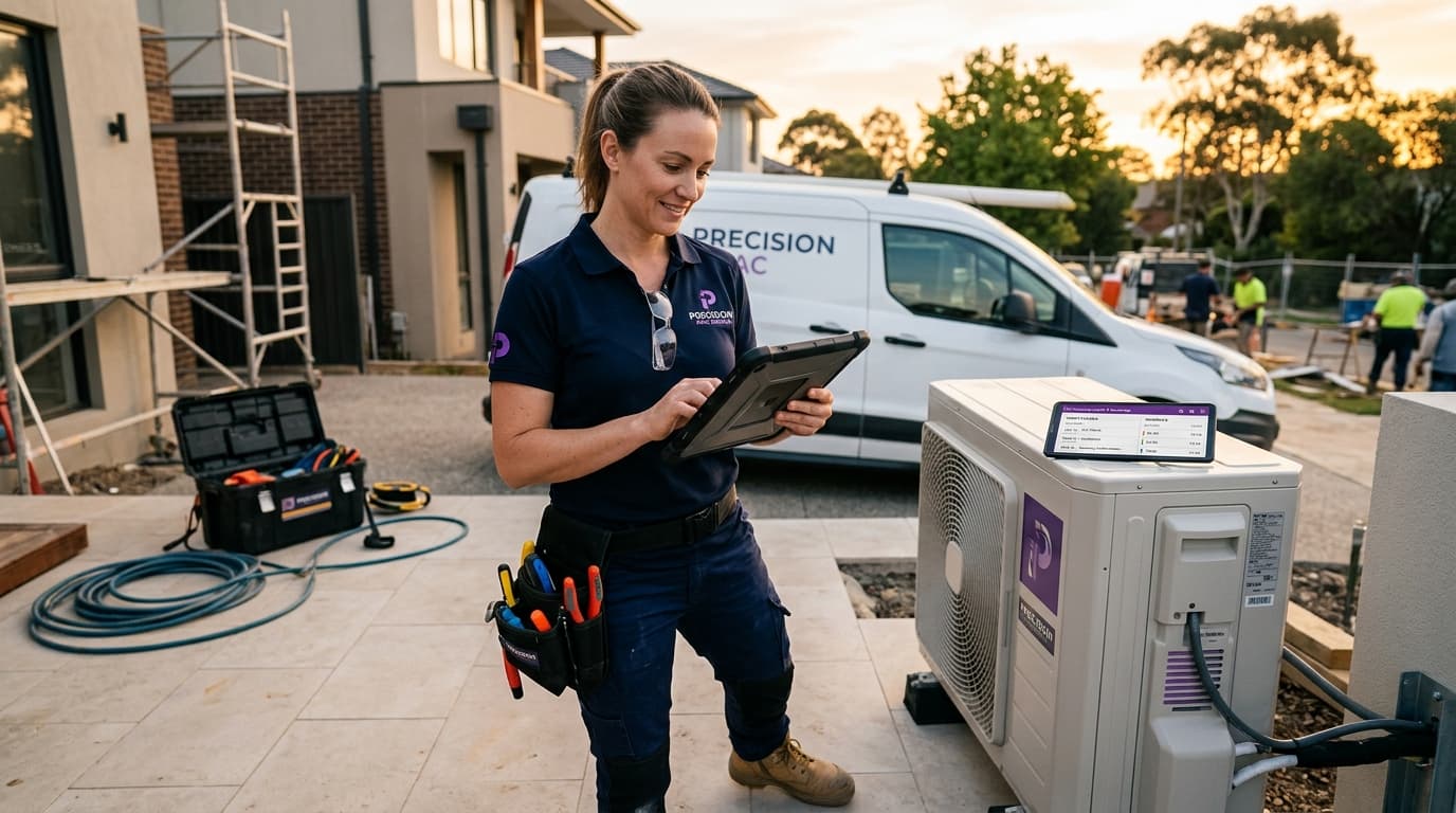 HVAC technician on job site with AI-recovered leads dashboard overlay
