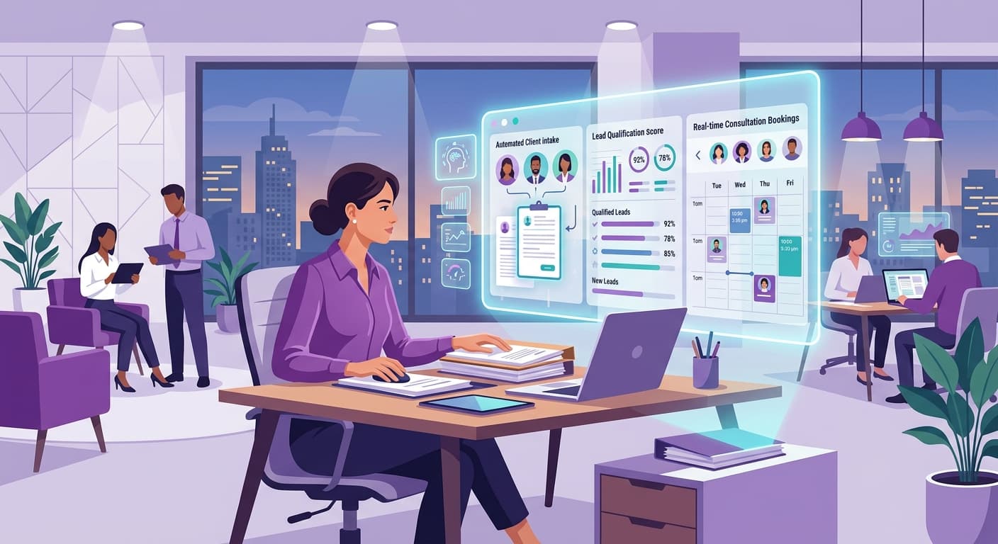 Law firm office with AI automation handling client intake and consultation bookings