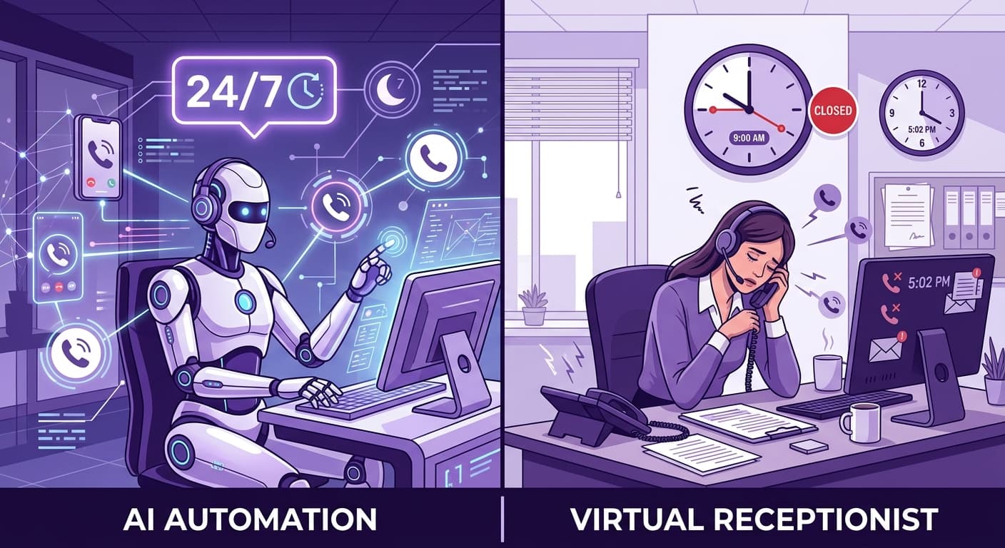 Split comparison of AI automation handling multiple calls versus virtual receptionist with limited availability